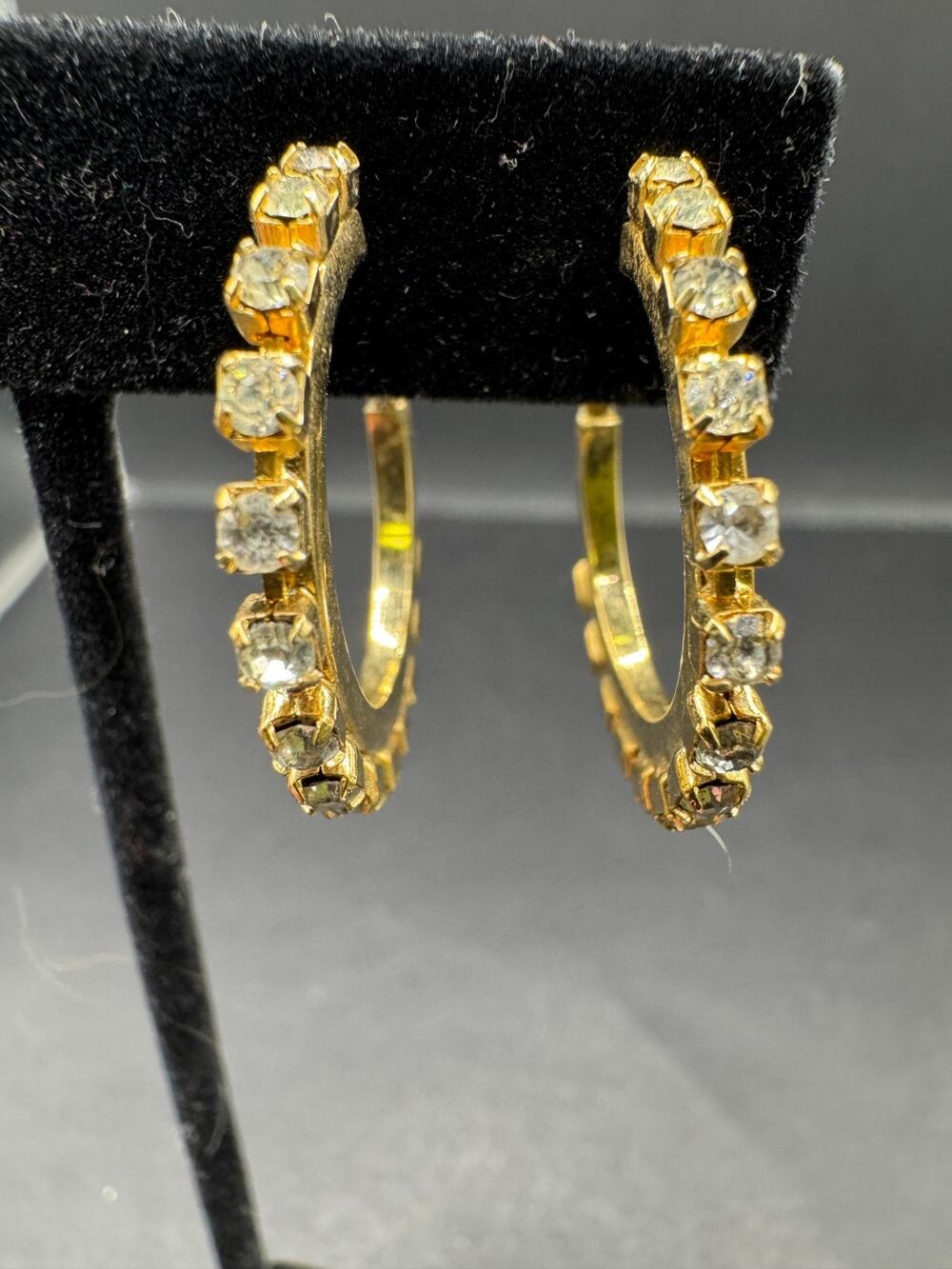 Vintage BERGERE Gold Tone & Rhinestone HOOP CLIP ON Earrings signed